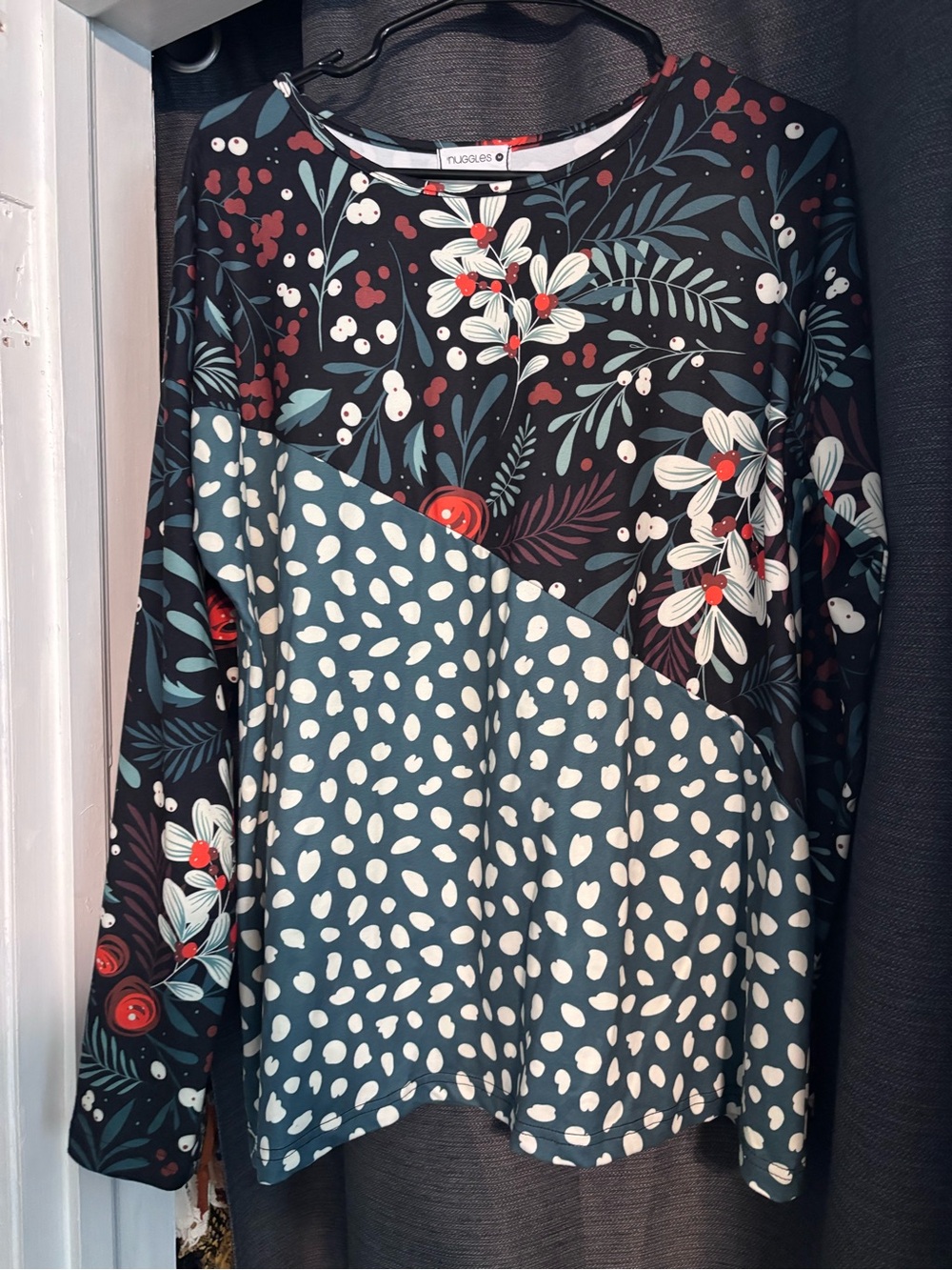 Nuggles Floral and Polka Dot Long Sleeve Top - Teal/Black